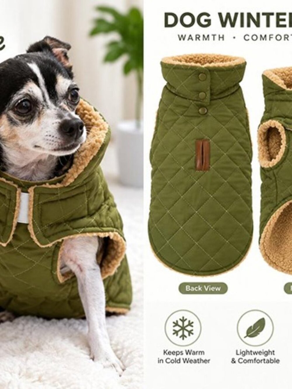 Olive Green Quilted Dog Winter Coat Sherpa Fleece Lined Warm Jacket Size L